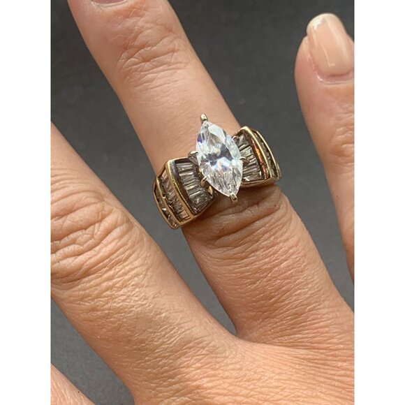 Gold Over Sterling Ring Cz Sterling Silver 925 Multi Row Marquise Raised Design - Picture 7 of 8